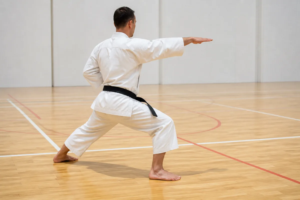 Karatéka adulte en karategi blanc et ceinture noire, vu de dos en position basse bras tendu, sur le parquet clair d&rsquo;un gymnase