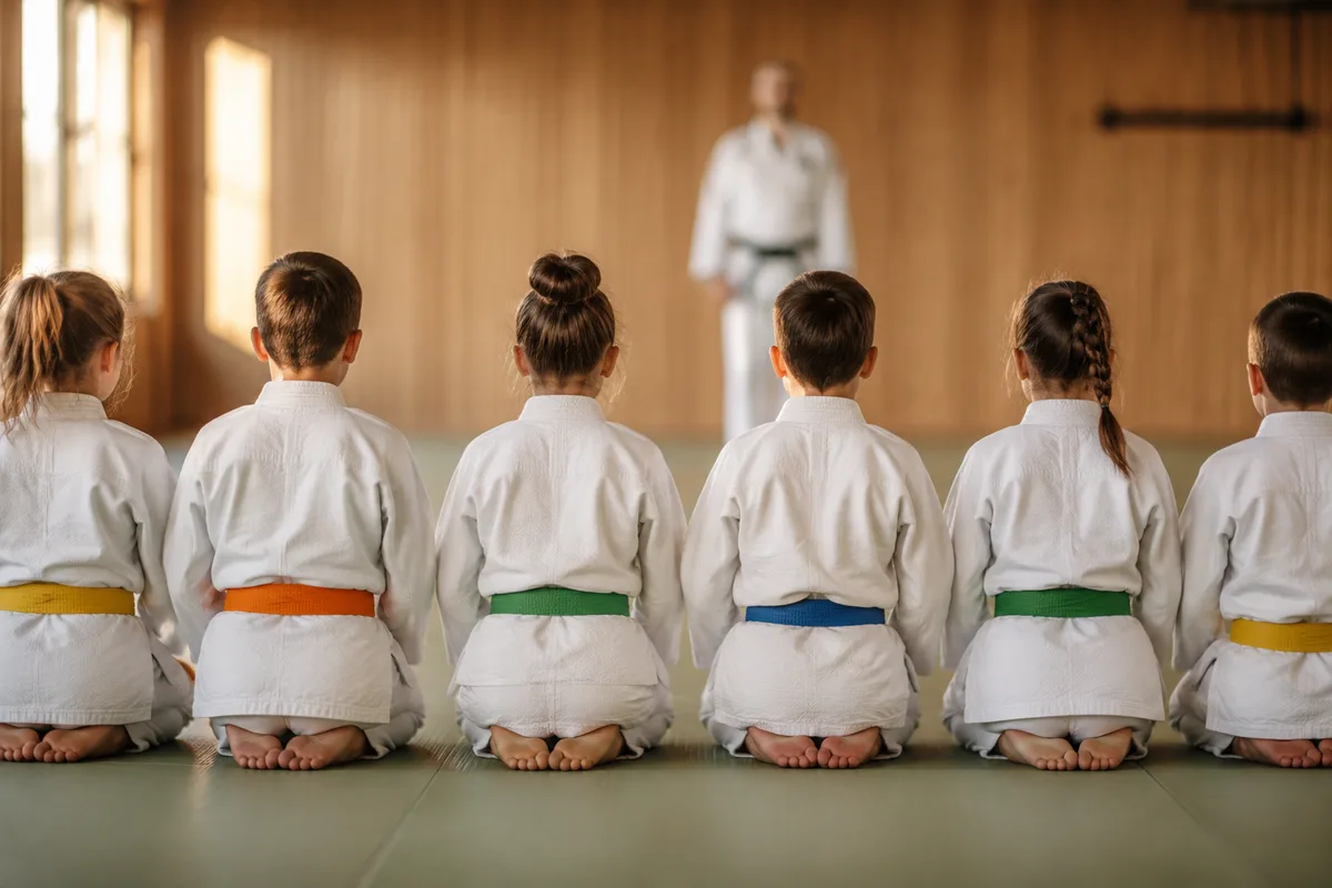 Enfants en judogi assis en seiza devant leur professeur au bord d&rsquo;un tatami, ambiance de club chaleureuse, lumière douce
