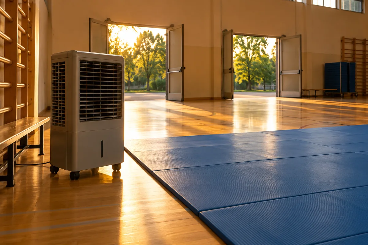 Rafraîchisseur d&rsquo;air mobile gris uni placé au bord d&rsquo;un tatami dans un gymnase aux portes ouvertes