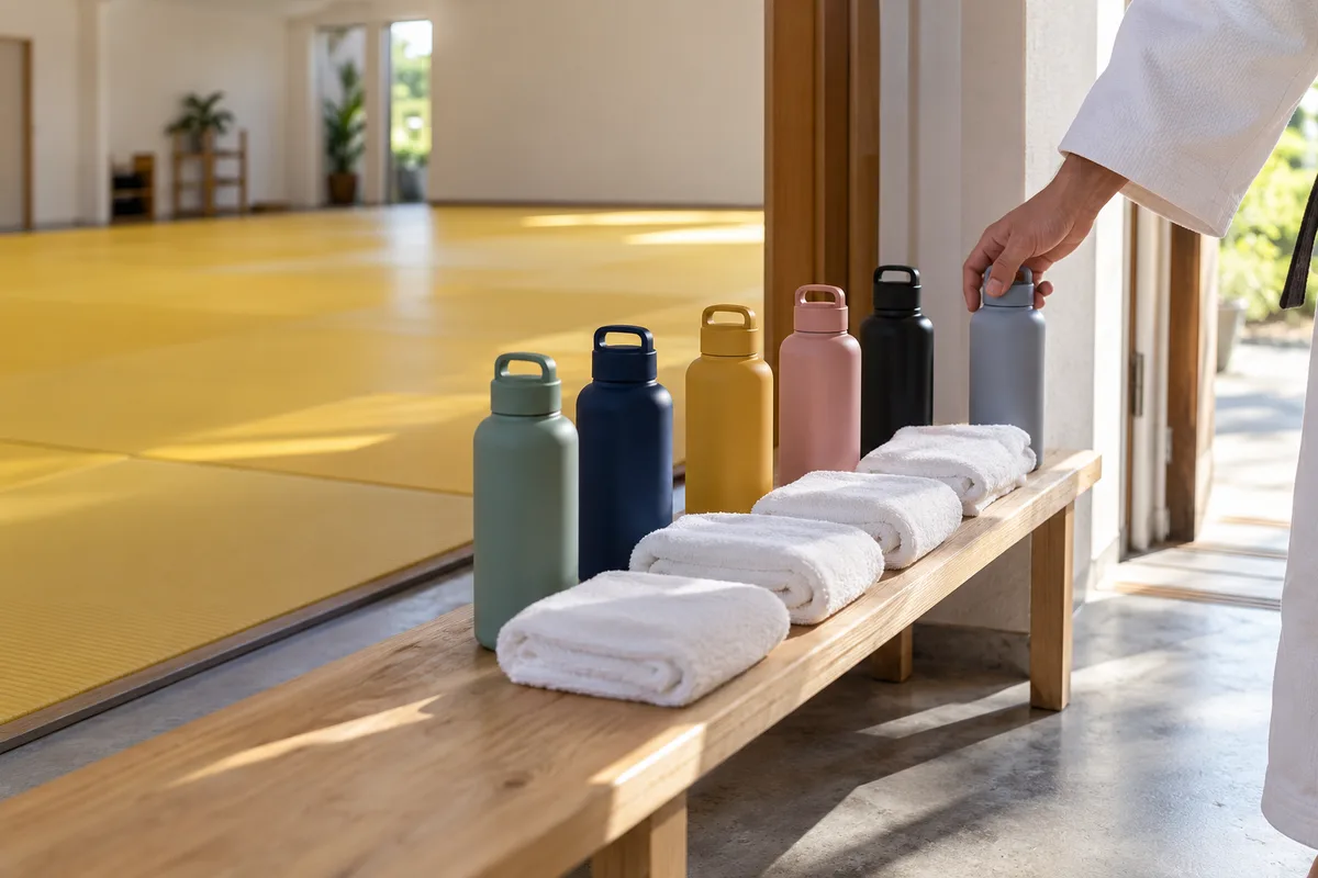 Rangée de gourdes unies et de serviettes pliées sur un banc à l&rsquo;entrée du dojo