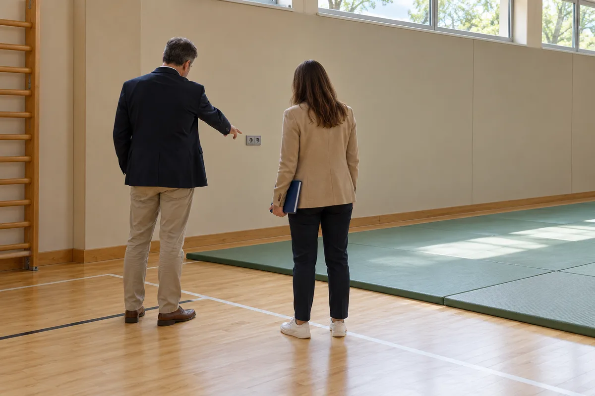 Deux adultes vus de dos repèrent une prise murale près du tatami d&rsquo;un gymnase entre deux cours
