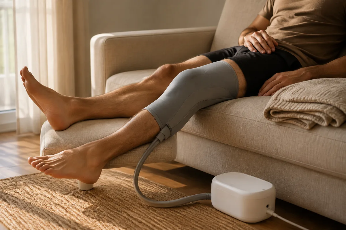 Genou d&rsquo;un sportif adulte équipé d&rsquo;un manchon de compression relié à un appareil de refroidissement, posé sur un canapé clair en lumière naturelle