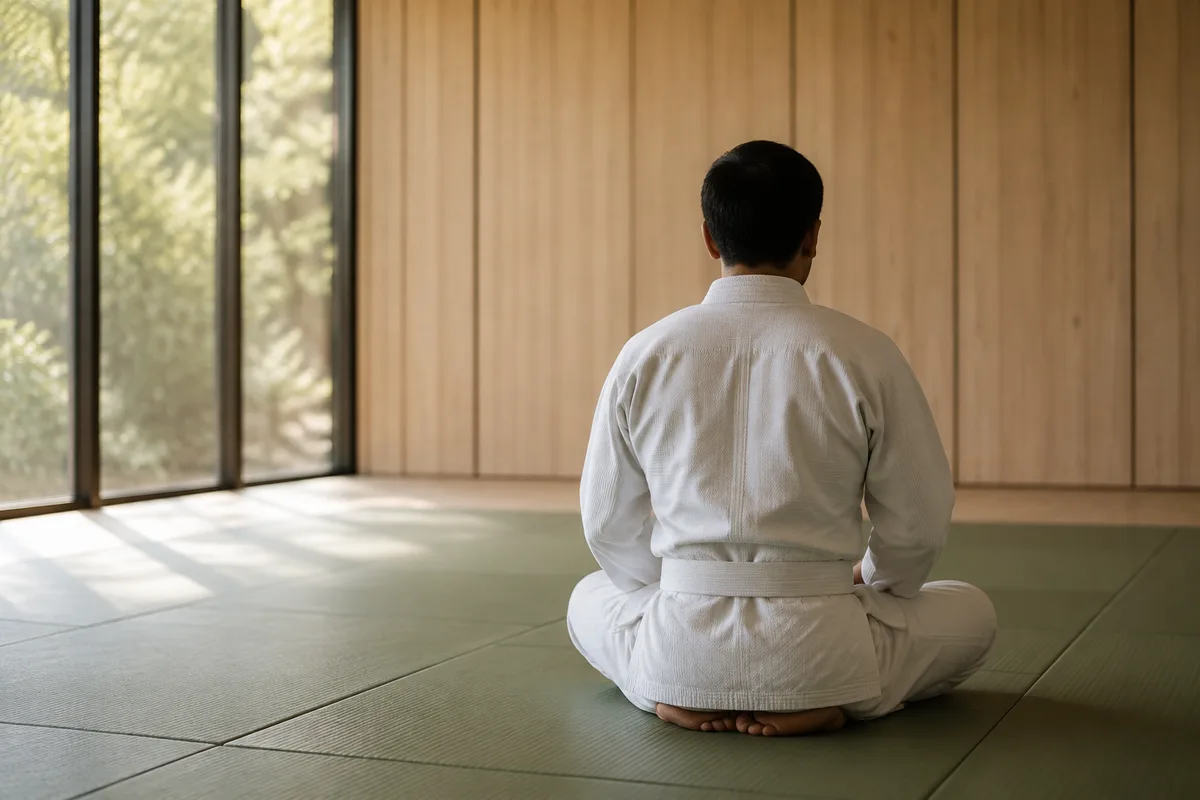 Judoka adulte en judogi blanc assis de dos en seiza sur un tatami vert, dojo calme et lumineux en arrière-plan
