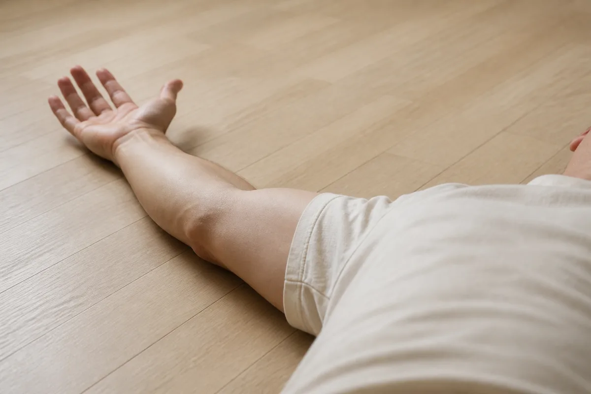 Gros plan sur une épaule et un bras tendu en croix pendant un étirement au sol