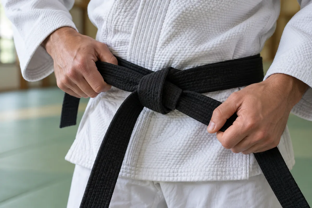 Mains nouant une ceinture noire sur un judogi blanc