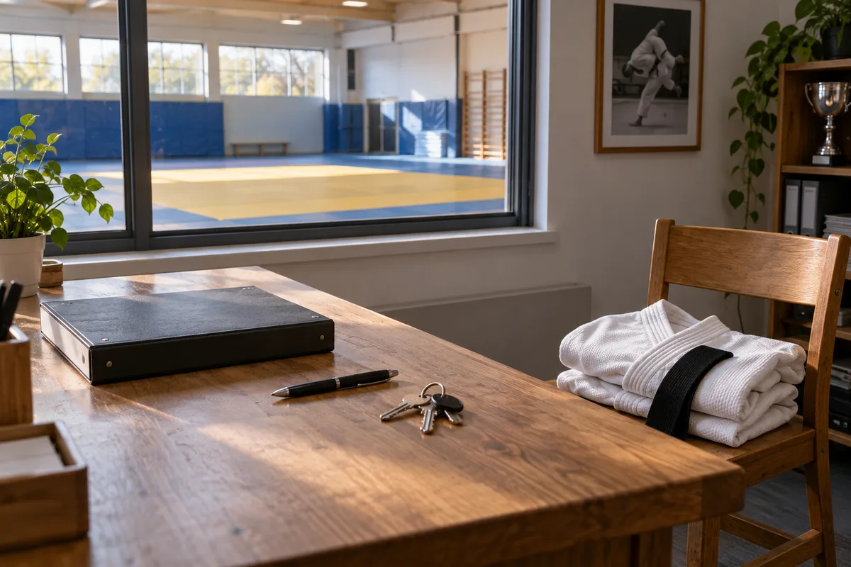 Bureau de club de judo avec classeur, stylo et judogi plié sur une chaise