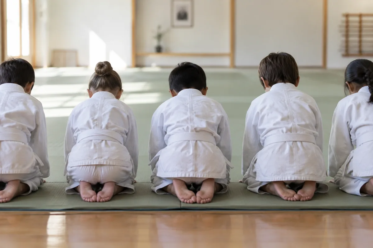 Jeunes judokas à genoux en ligne pour le salut au bord du tatami
