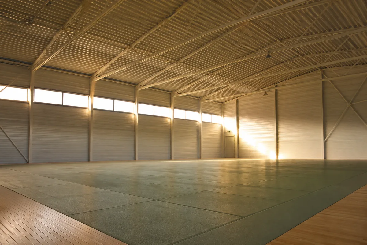 Salle de sport couverte vide en fin de journée, tatamis verts et charpente métallique claire