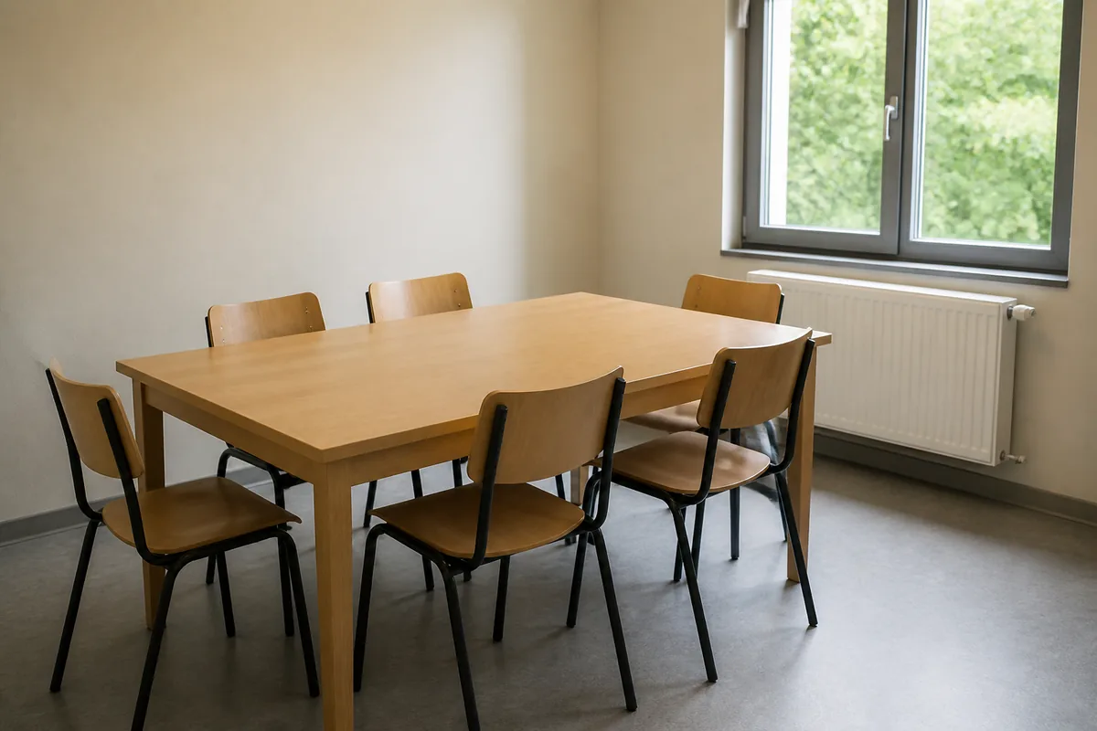 Petite salle de réunion de club avec table en bois clair et chaises vides