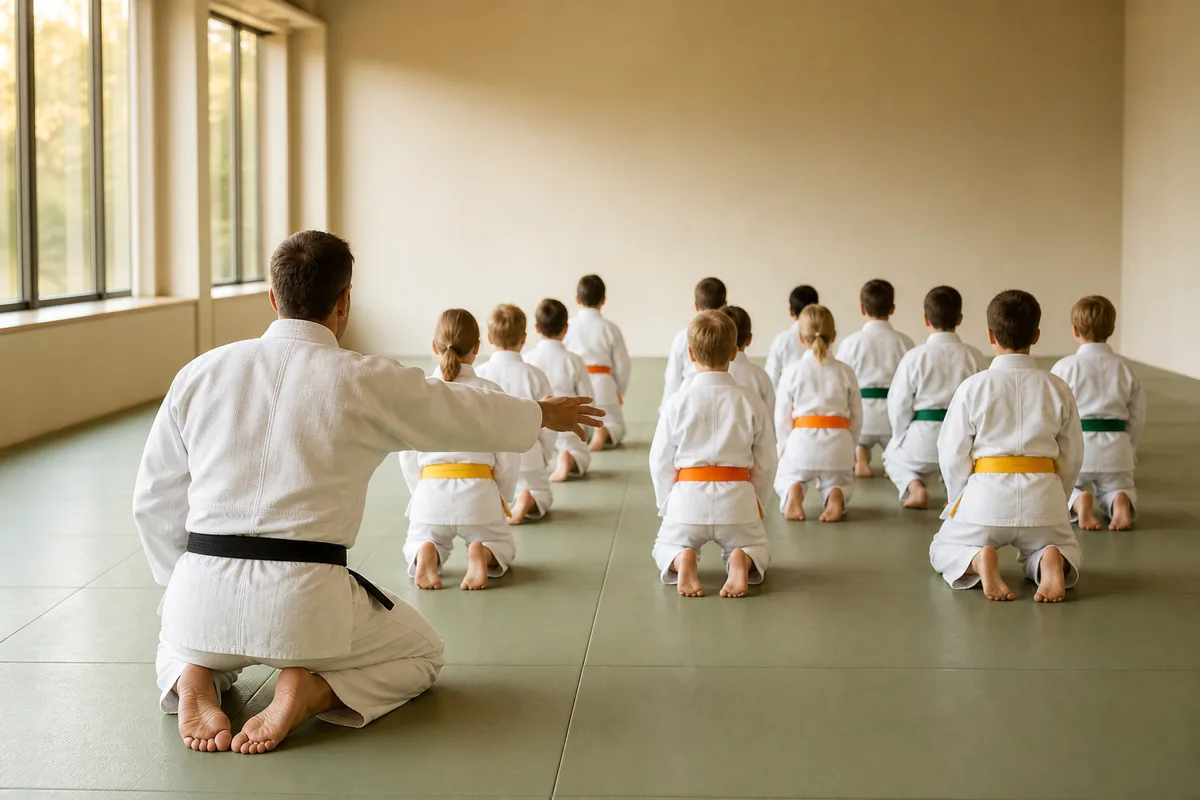 Jeunes judokas en judogi blanc et ceintures colorées répétant deux par deux une entrée de projection sur un tatami vert, professeur agenouillé de profil au premier plan