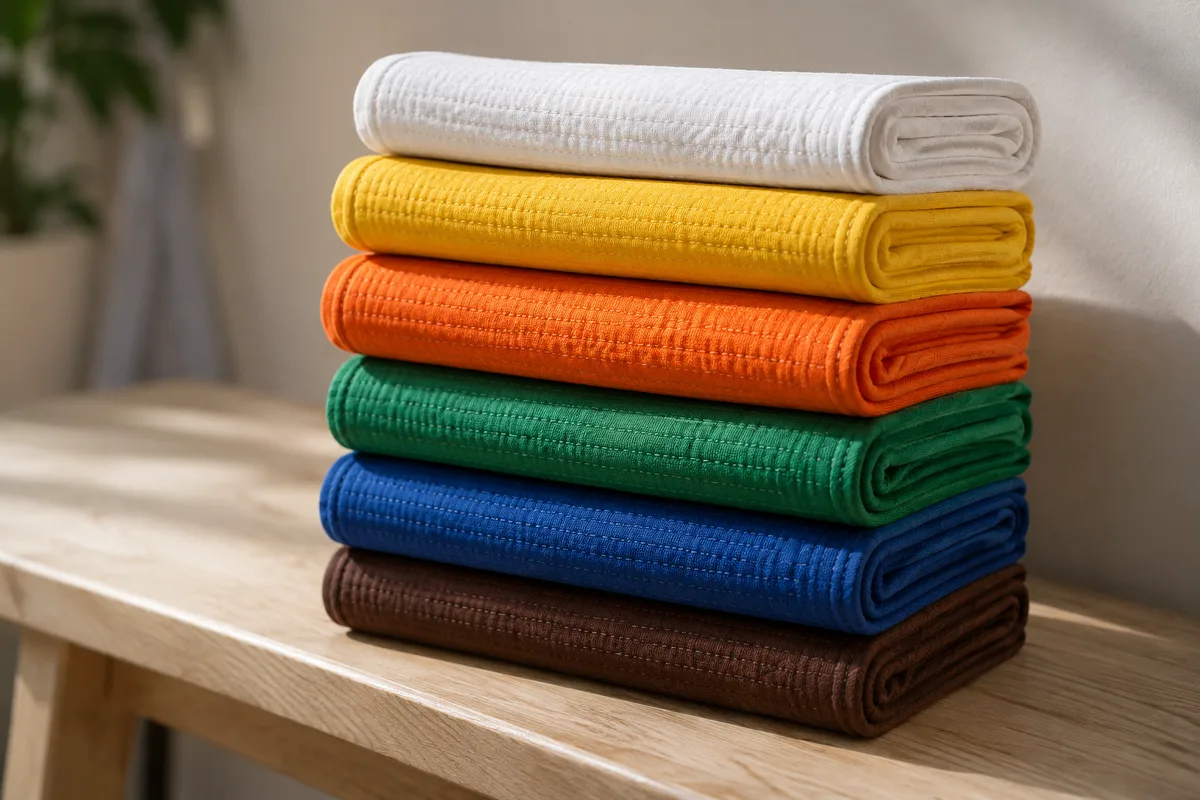 Ceintures de judo de couleur pliées sur un banc en bois