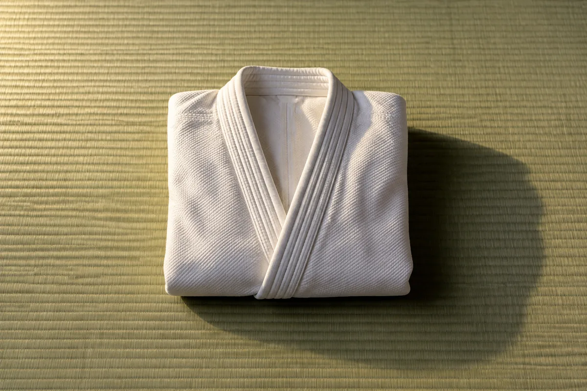 Judogi blanc plié posé sur un tatami en lumière rasante