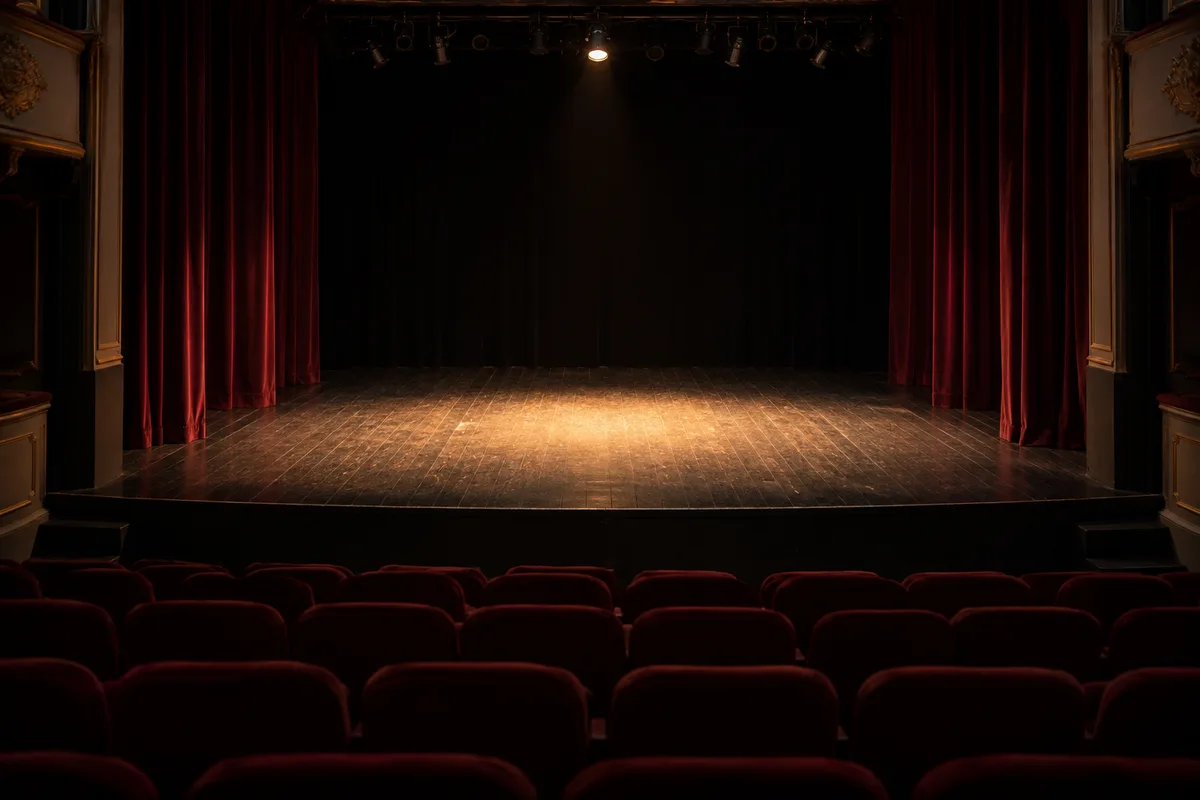 Scène de théâtre vide éclairée par un seul projecteur