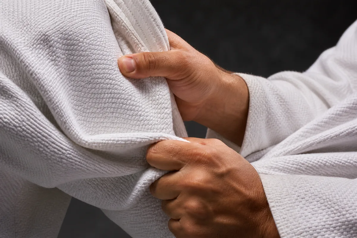 Gros plan sur des mains agrippant le revers et la manche d&rsquo;un judogi blanc