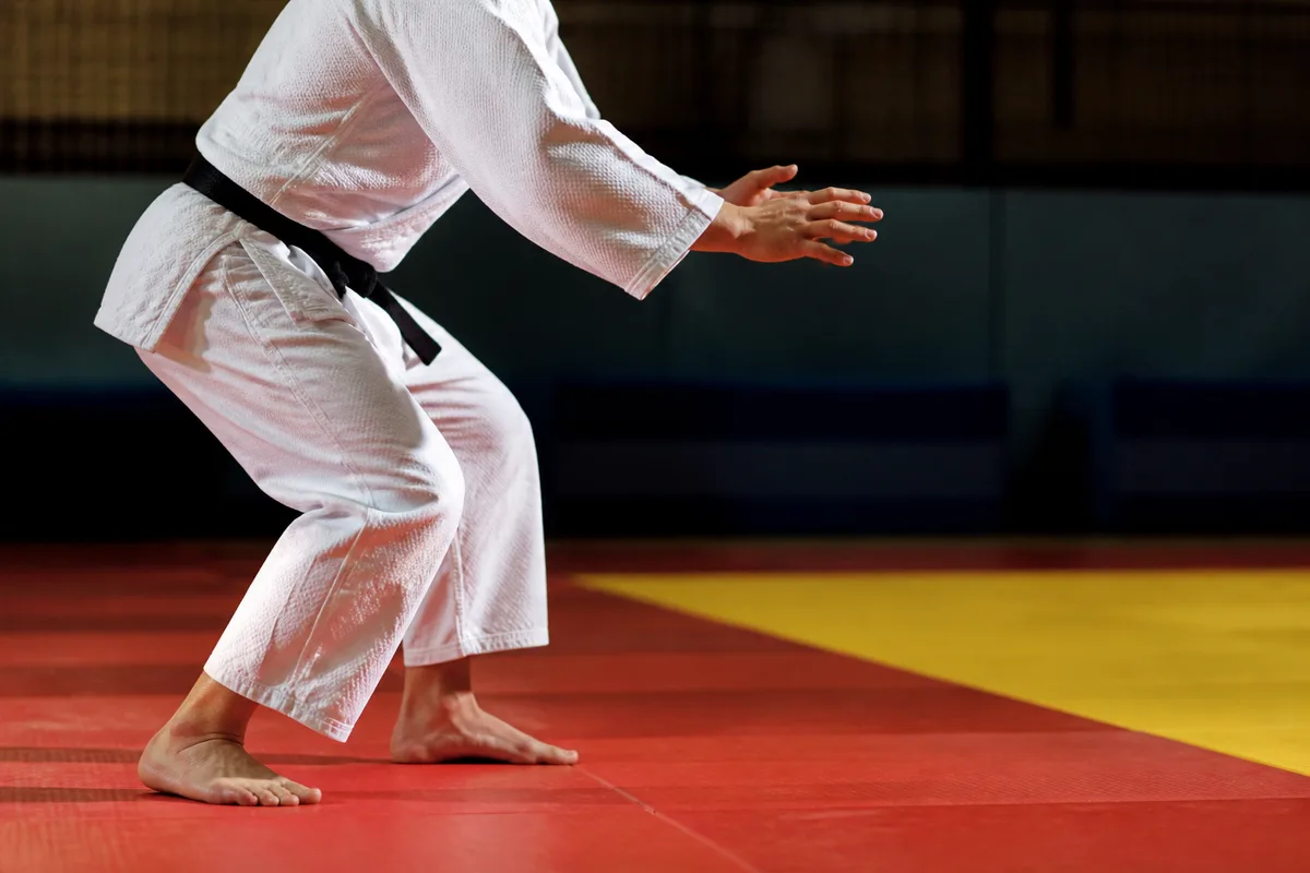 Judoka en garde de profil sur un tatami, bras tendus vers un partenaire hors champ