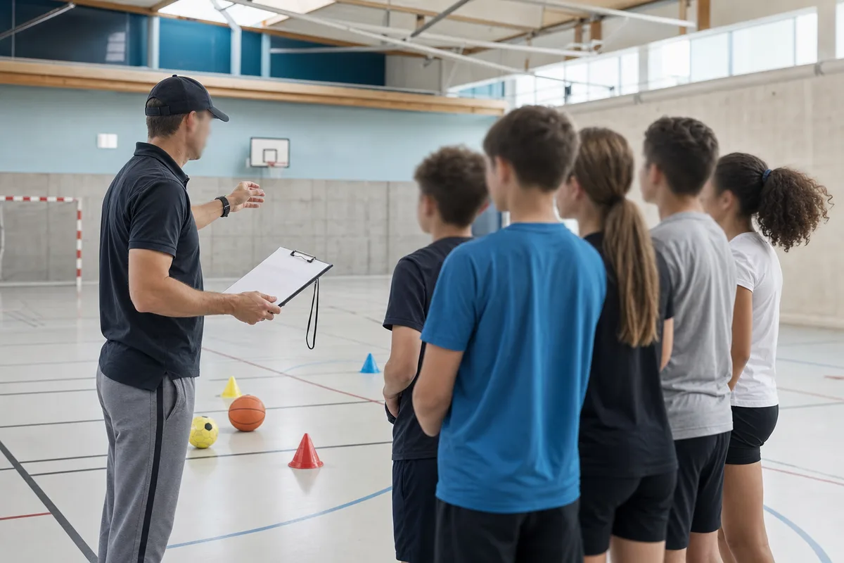 Éducateur sportif tenant une planchette et encadrant un groupe dans un gymnase municipal