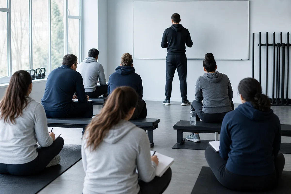 Stagiaires en tenue de sport prenant des notes autour de tapis lors d’une session de formation BPJEPS