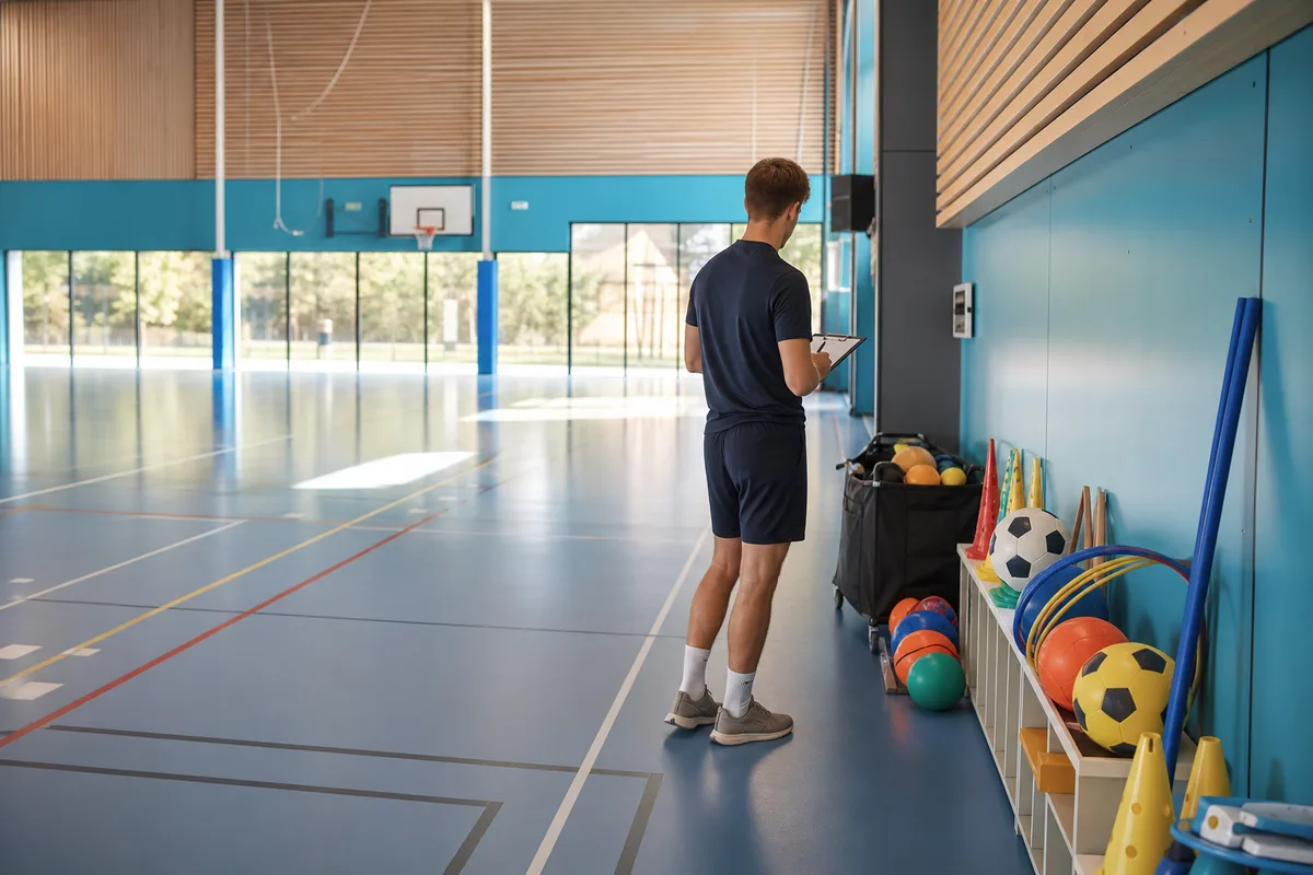 Jeune éducateur sportif en alternance avec une planchette dans une salle multisports d’un centre de formation