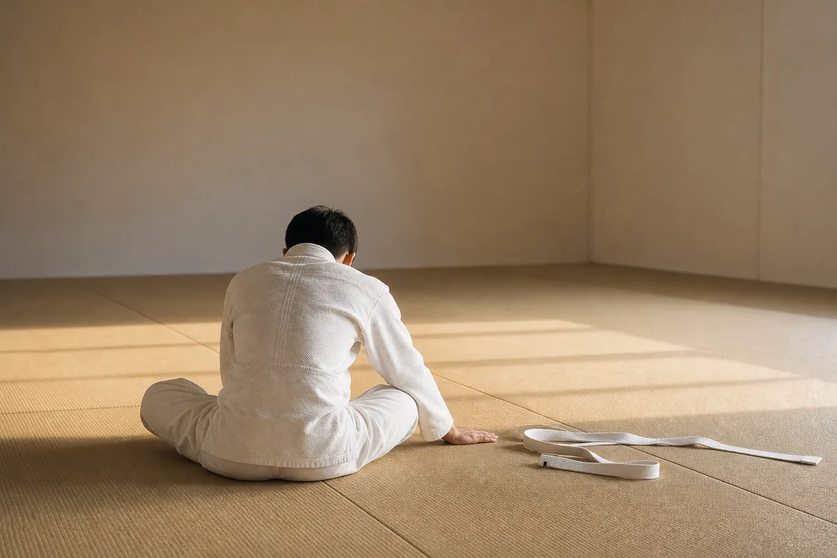 Étirement de fin de séance au sol, dos et hanches, en judogi blanc