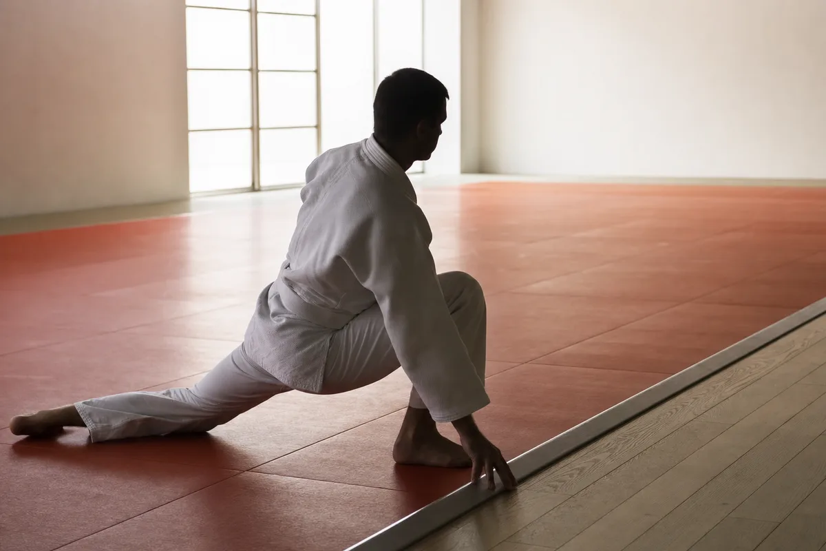 Judoka seul en fente basse au bord du tatami, travail de mobilité de hanche