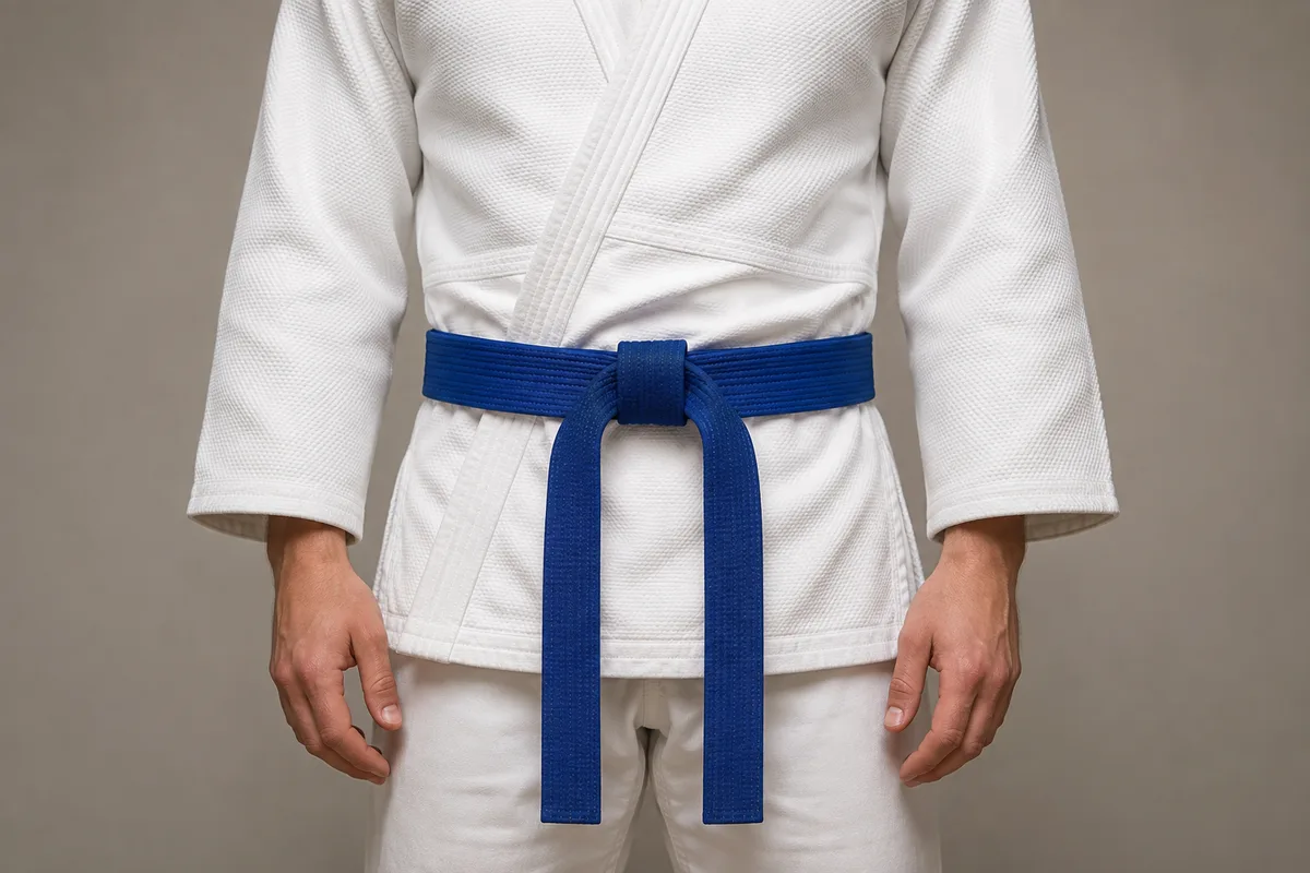 Nœud plat centré sur le ventre d’un judogi blanc, deux pans de ceinture bleue pendant à longueur égale