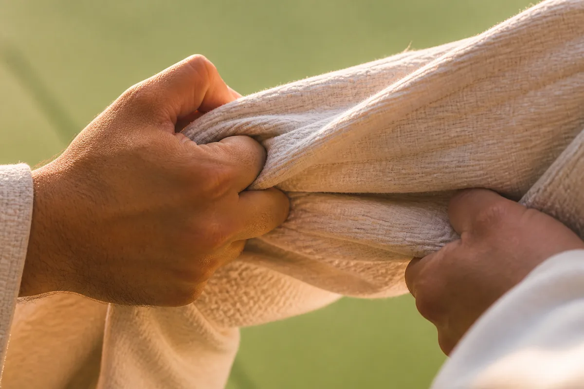 Détail de mains serrant le revers d&rsquo;un judogi blanc, lumière rasante de fin de journée