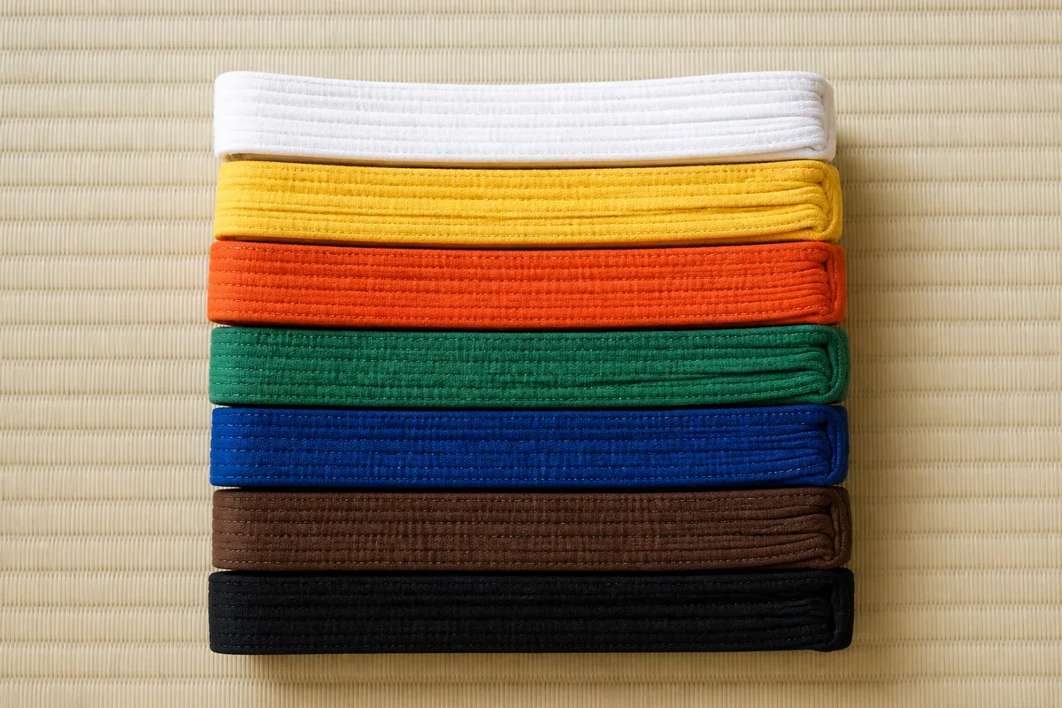 Ceintures de judo pliées et empilées sur un tatami clair, vue de dessus