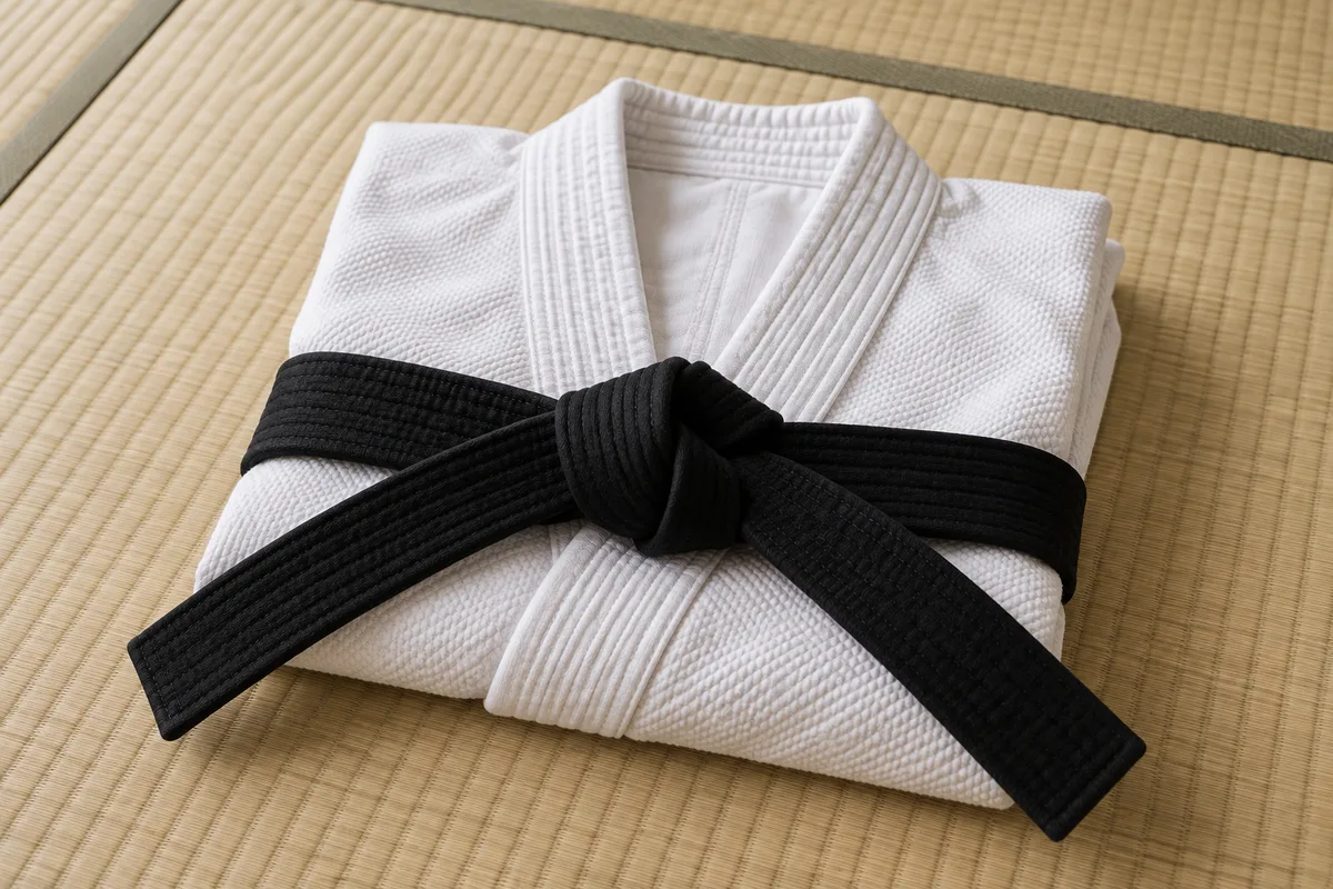 Judogi blanc plié avec une ceinture noire posée dessus sur un tatami de paille
