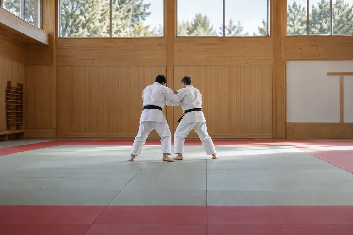 Deux judokas en judogi blanc vus de dos en saisie debout sur un tatami