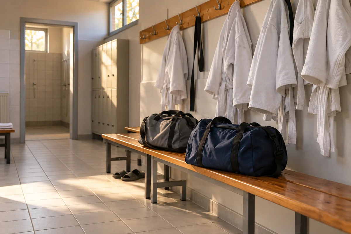 Vestiaire de gymnase municipal avec des sacs de sport sur un banc en bois et des judogis suspendus