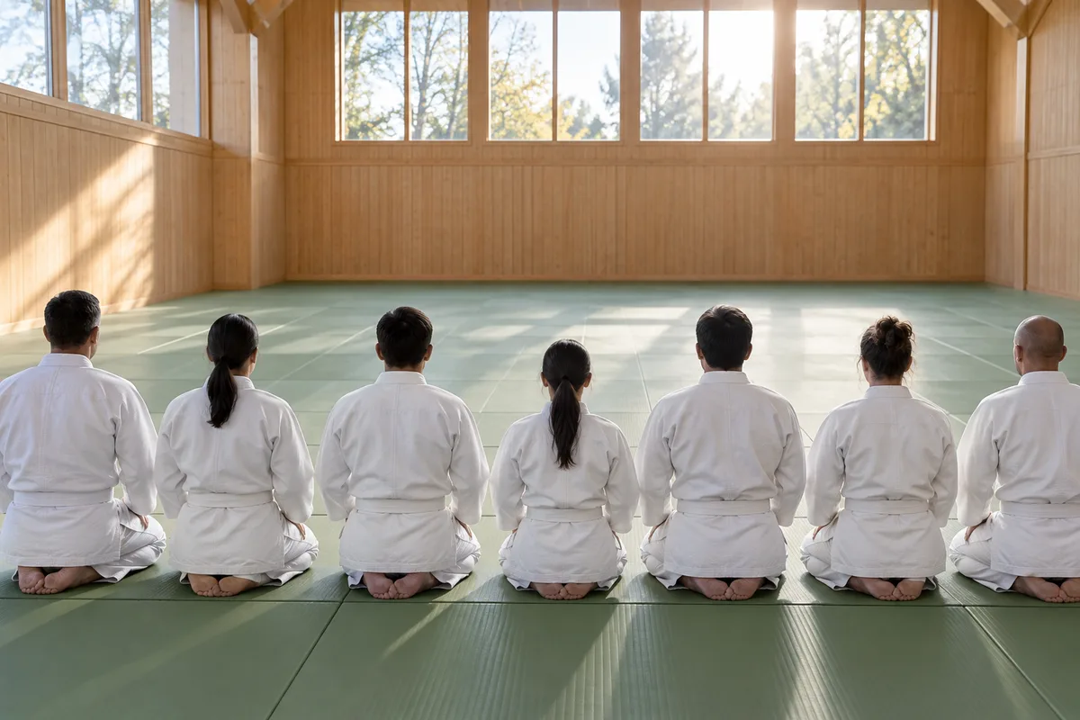 Rangée de judokas assis en seiza au bord du tatami, vus de dos