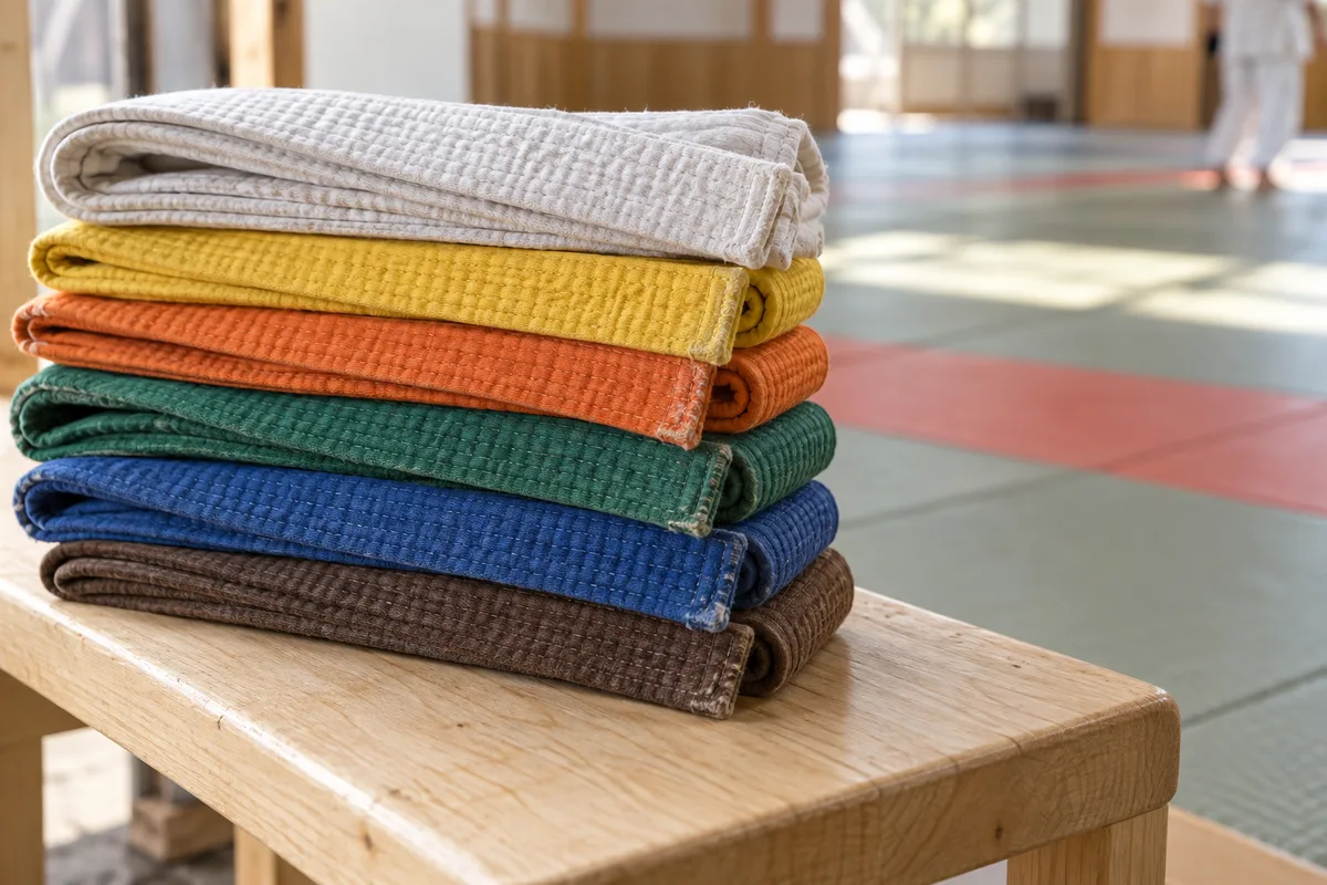 Ceintures de judo de plusieurs couleurs pliées sur un banc de dojo
