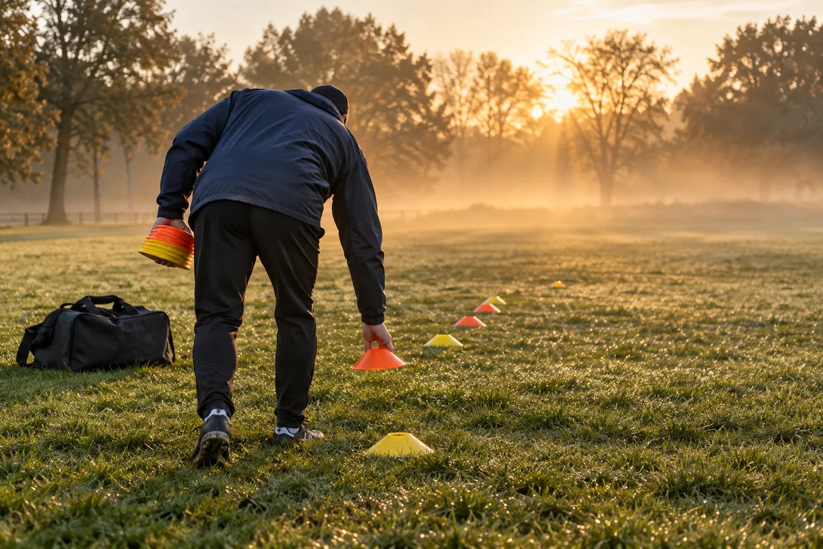Coach vu de dos qui dispose des plots colorés sur la pelouse d&rsquo;un parc au lever du soleil