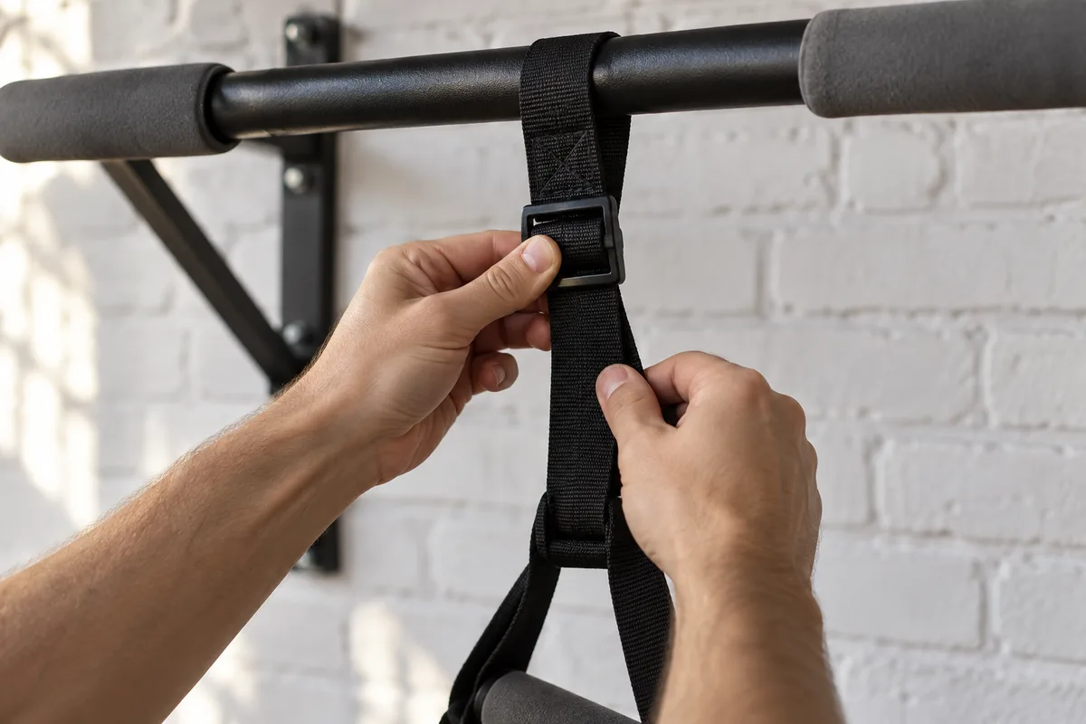 Mains qui ajustent la boucle d&rsquo;une sangle de suspension accrochée à une barre de traction