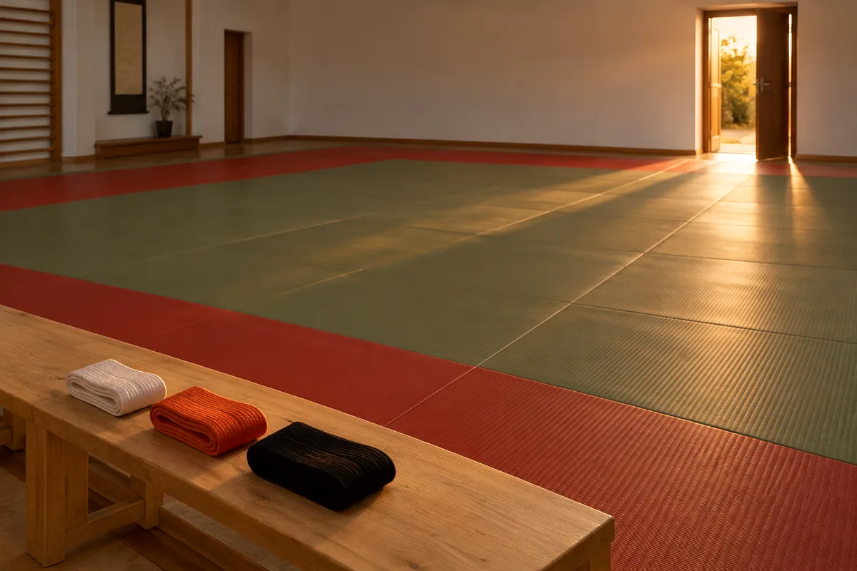 Tatami vide d&rsquo;un dojo, ceintures de judo pliées sur un banc en bois au bord du tapis