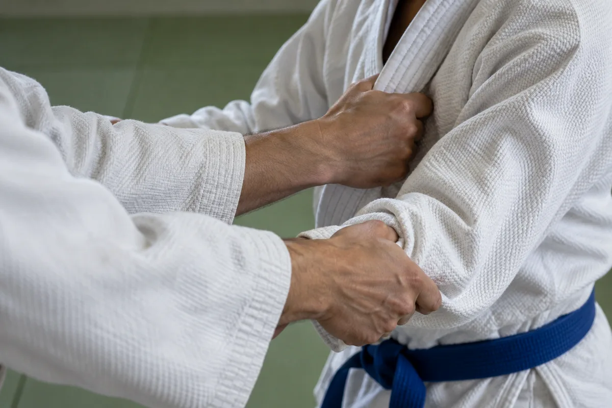 Mains d’un judoka serrant la manche et le revers d’une veste de judogi blanc en garde classique