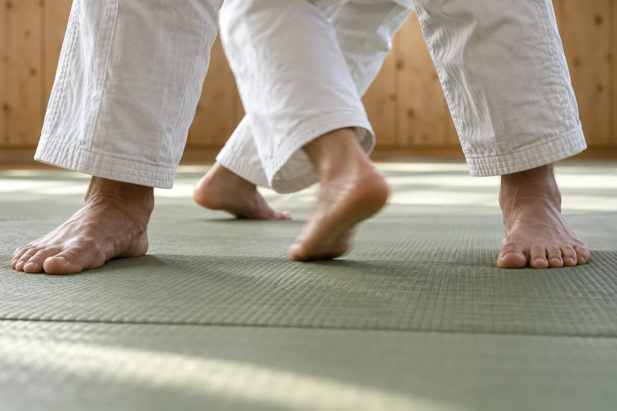 Pieds nus d’un judoka pivotant entre les appuis de son partenaire sur un tatami vert