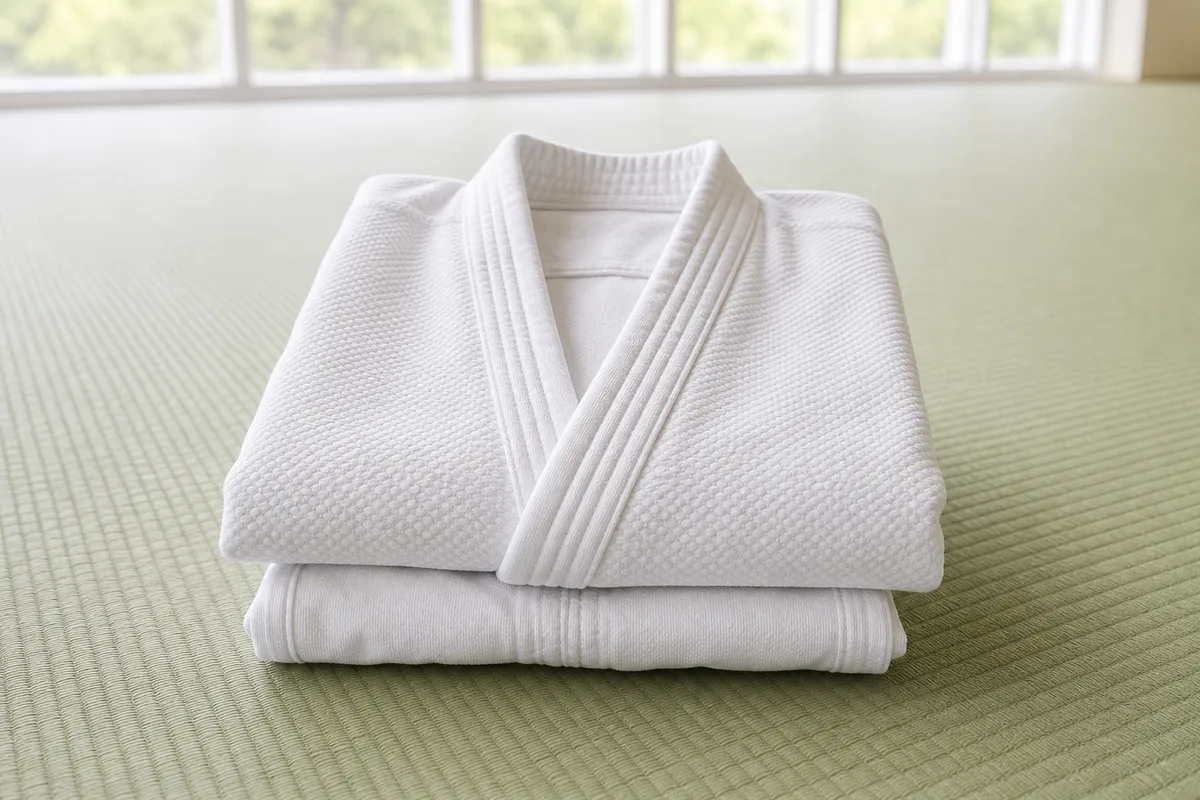 Judogi blanc plié sur un tatami clair de dojo