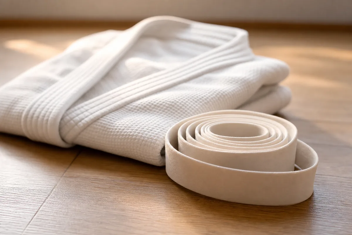 Mètre ruban souple posé près d&rsquo;un judogi blanc plié