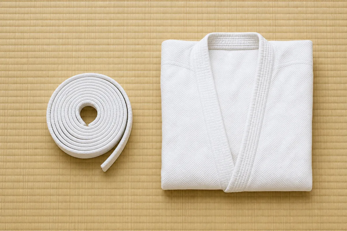 Ceinture de judo enroulée à côté d&rsquo;un judogi blanc