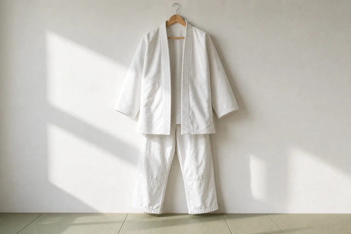 Judogi blanc suspendu dans un dojo lumineux