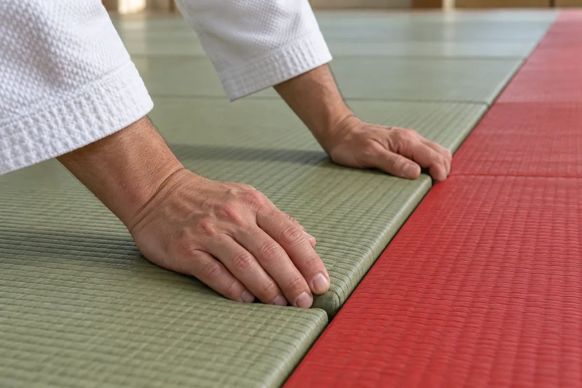 Mains d&rsquo;un enseignant replaçant une plaque de tatami contre la bordure de l&rsquo;aire