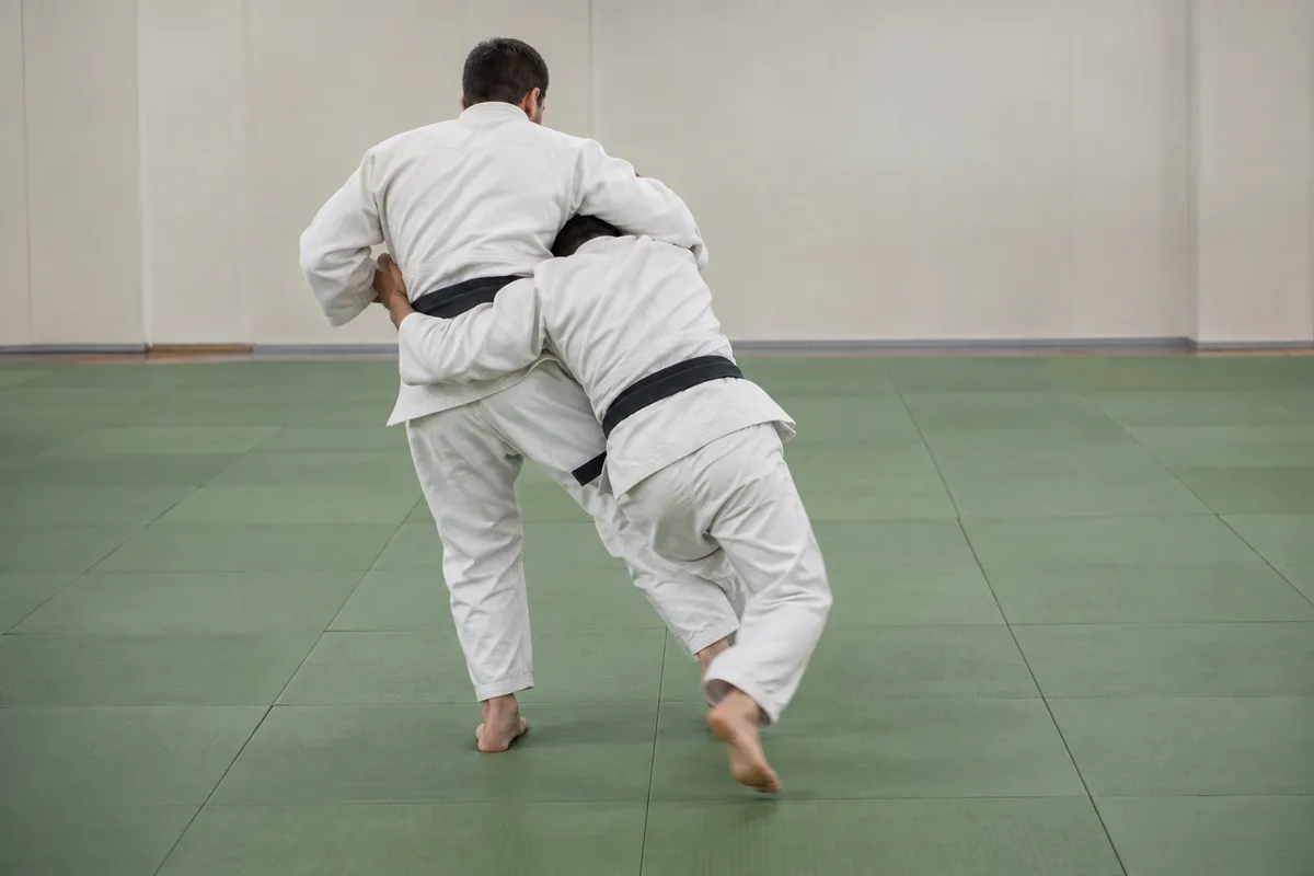 Deux judokas en judogi blanc vus de dos et de loin au moment d&rsquo;une projection de hanche sur un tatami de dojo
