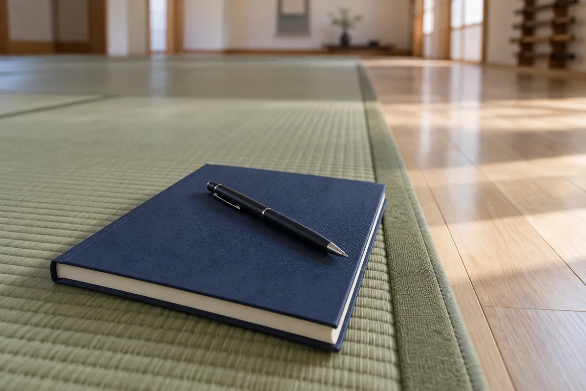 Carnet à couverture unie fermé posé avec un stylo au bord d&rsquo;un tatami vert