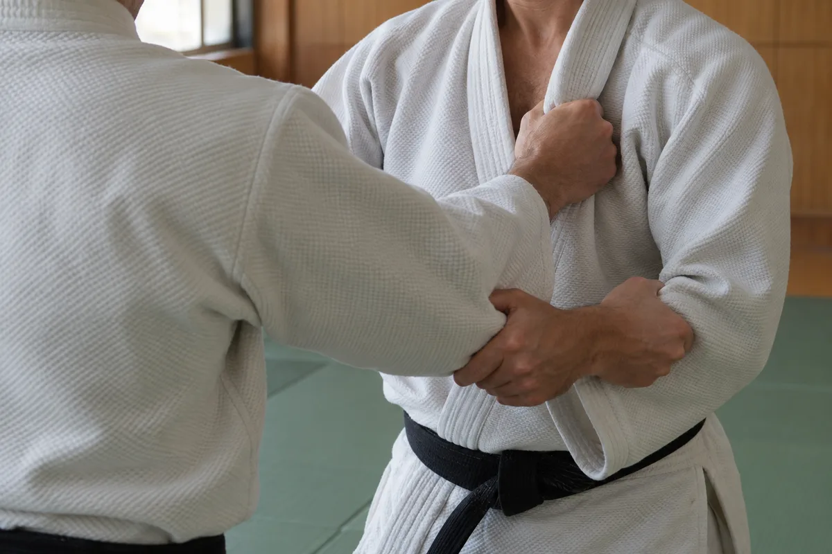 Deux judokas en judogi blanc vus de dos en garde classique sur un tatami vert, mains serrées sur le revers et la manche
