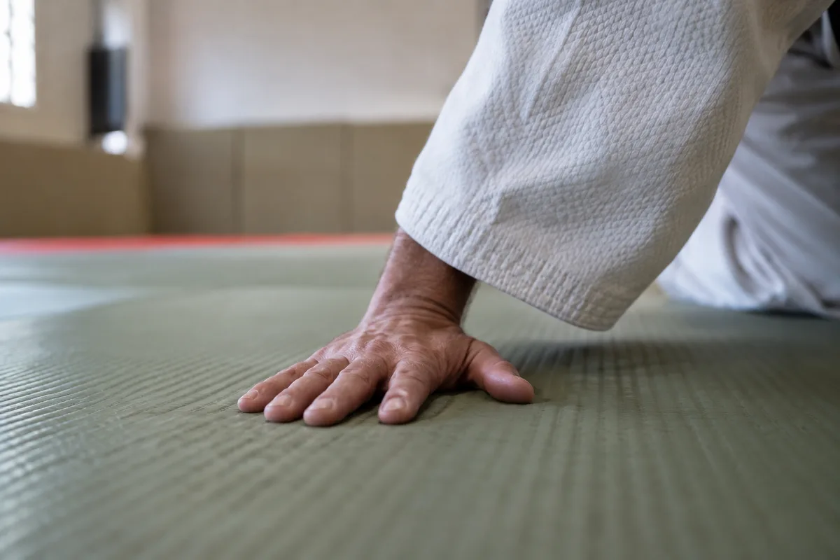 Main de judoka frappant à plat un tatami vert au bord d’un judogi blanc, geste de chute ou d’abandon