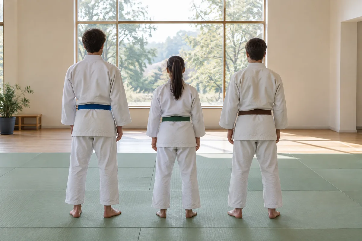 Judokas en judogi blanc vus de dos au bord d’un tatami de dojo, ceintures nouées, lumière naturelle d’une grande fenêtre